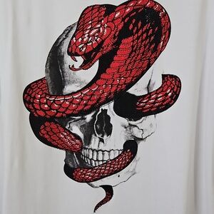 Heads or Tails Men 2XL White Rhinestone Cobra Snake Skull Graphic White T-Shirt